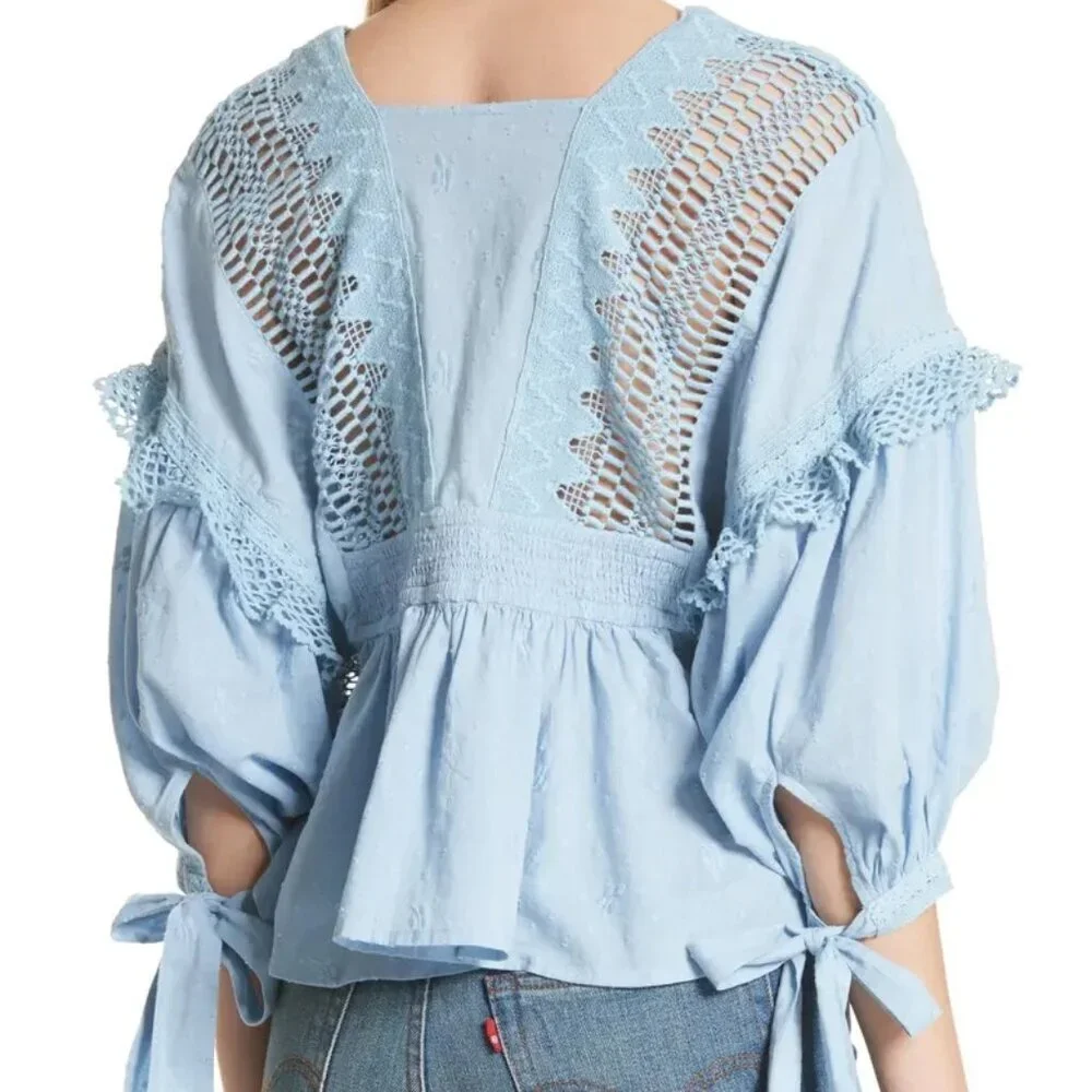 Free People Drive You Mad Women Blue Crocheted Crop Puff Sleeve Top XS Peplum